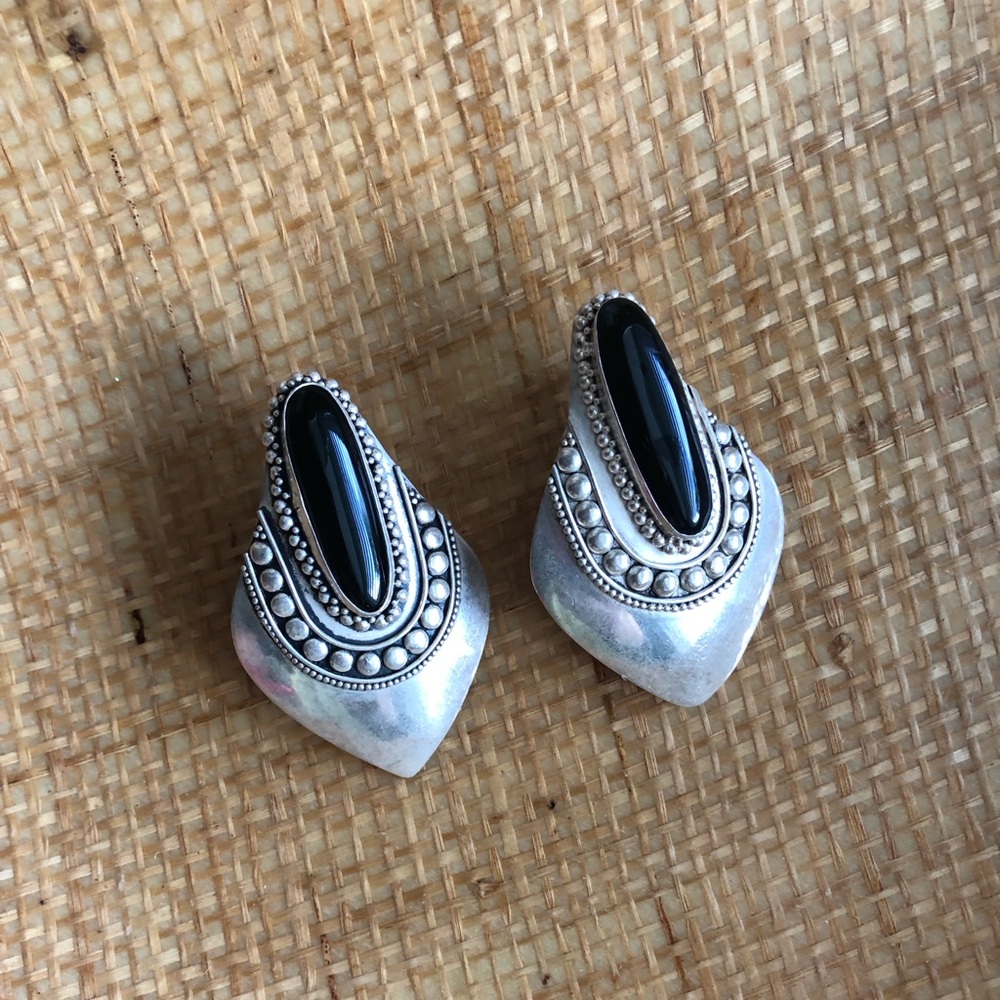 Modernist Sterling Silver 925 cabochon earrings modernist black onyx